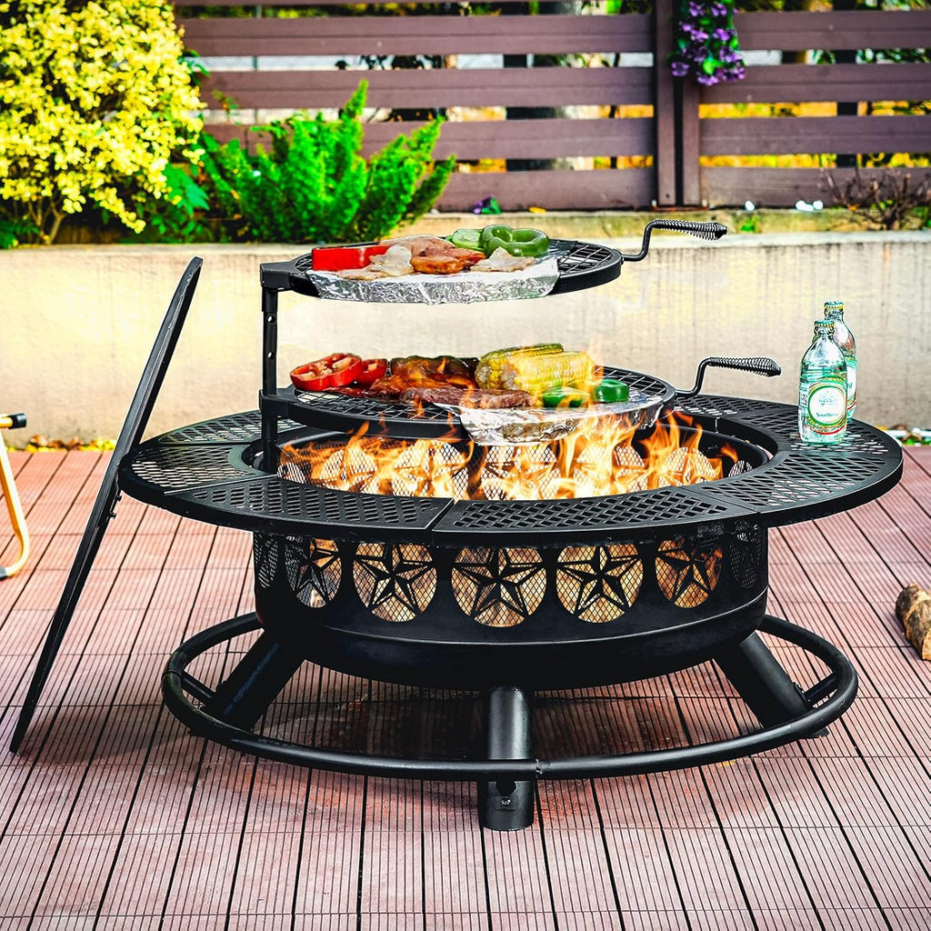 42 Inch BBQ Fire Pit with 2 Grills,3-in-1 Outdoor Round Metal Fire Pit Table with Lid,Fire Poker,Large Outdoor Wood