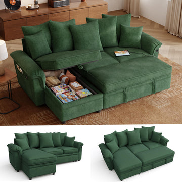 Sectional Couch with Pull Out Bed, Large Corduroy Modular Sleeper Sofa, Storage Chaise, Wide Armrest, 90" 3 Seats