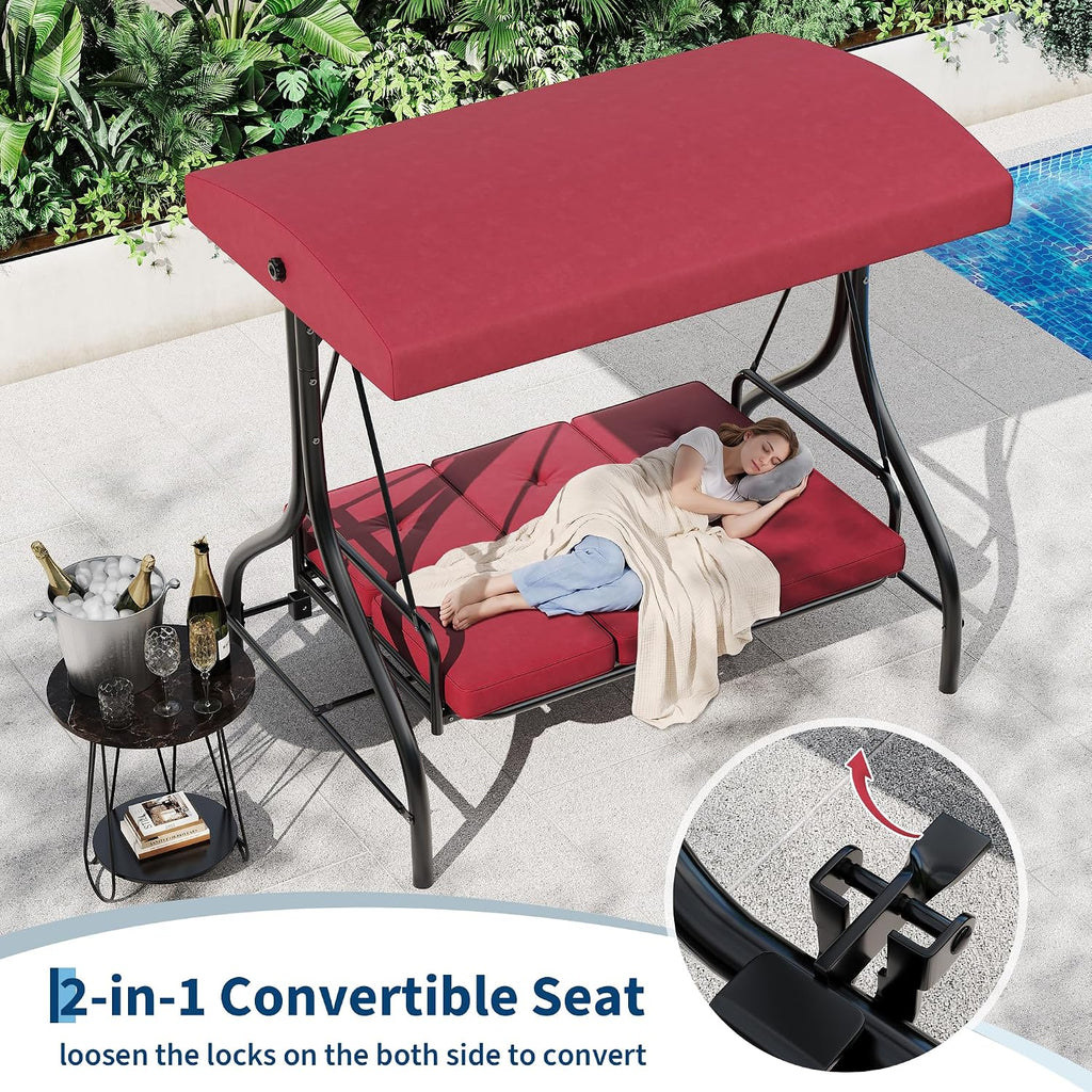 3-Seat Patio Porch Swing with Stand, Convertible Outdoor Swing Bed with Adjustable UV-Resistant Waterproof Canopy