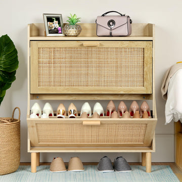 Extended Edition Shoe Cabinet with Natural Rattan Flip Drawers, Free Standing 2 Tier Slim Shoe Organizer with Large
