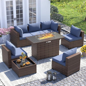 Furniture Set with Fire Pit Table, 8 Piece Sectional Sofas, All-Weather Wicker Conversation for Garden