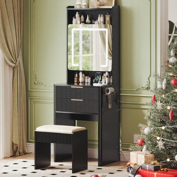 3 in 1 Vanity with Stool, Make up Vanity Desk with Mirror and Lights, Vanity Desk with Drawers and Storage, Modern
