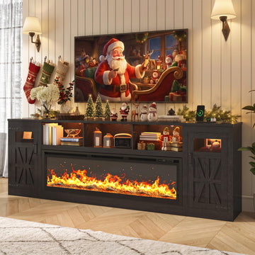 95" Fireplace TV Stand, Farmhouse Entertainment Center for 100" TV, Black