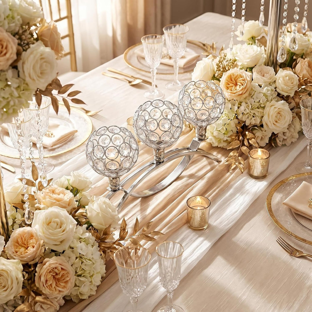 3-Arm Arched Crystal Candelabra, Sliver Candle Holder Table Centerpiece, Dining, Party, Thanksgiving & Christmas