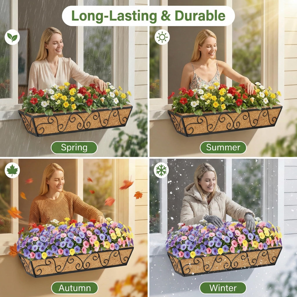 30x7 Inch Black Outdoor Rectangular Window Box Planter - Rust Resistant Steel, Plastic Coated - Perfect for Railings