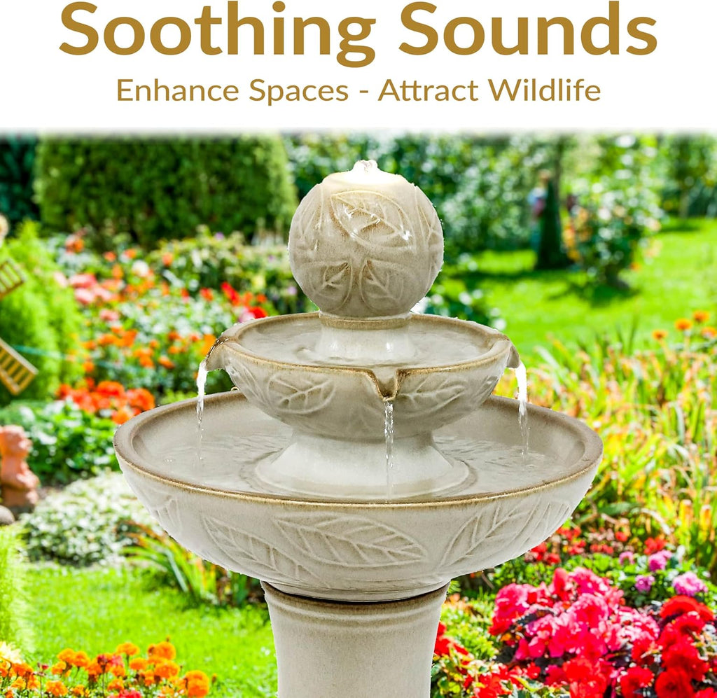 Gentle Glow 26.5" H 2-Tier Ceramic Outdoor Fountain with LED Light - Tiered Water Feature with Electric Pump - Off-White
