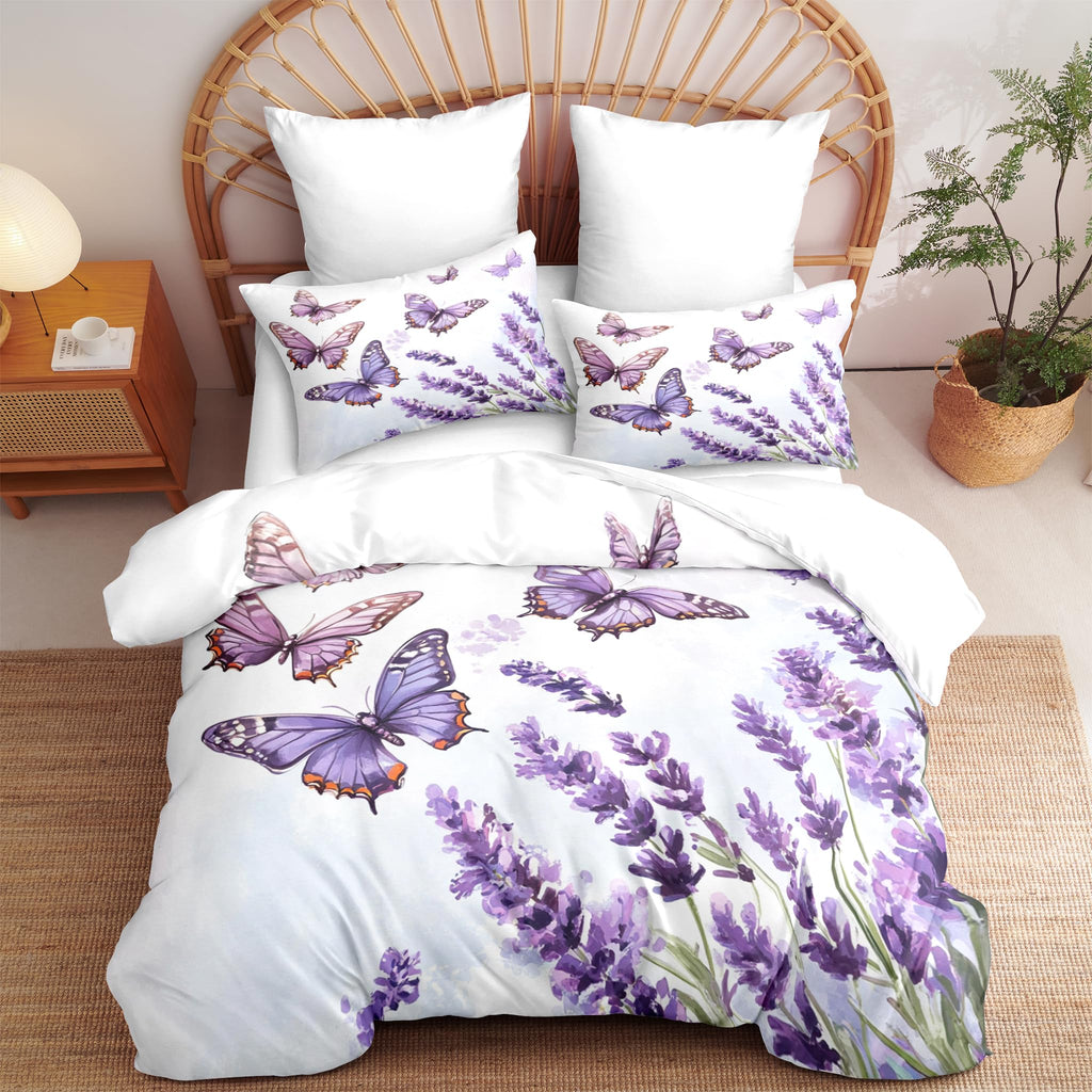 Purple Lavender Queen Comforter Set, Butterfly Bedding Set Soft Victorian Style Flowers Print - 3 Pieces Fluffy