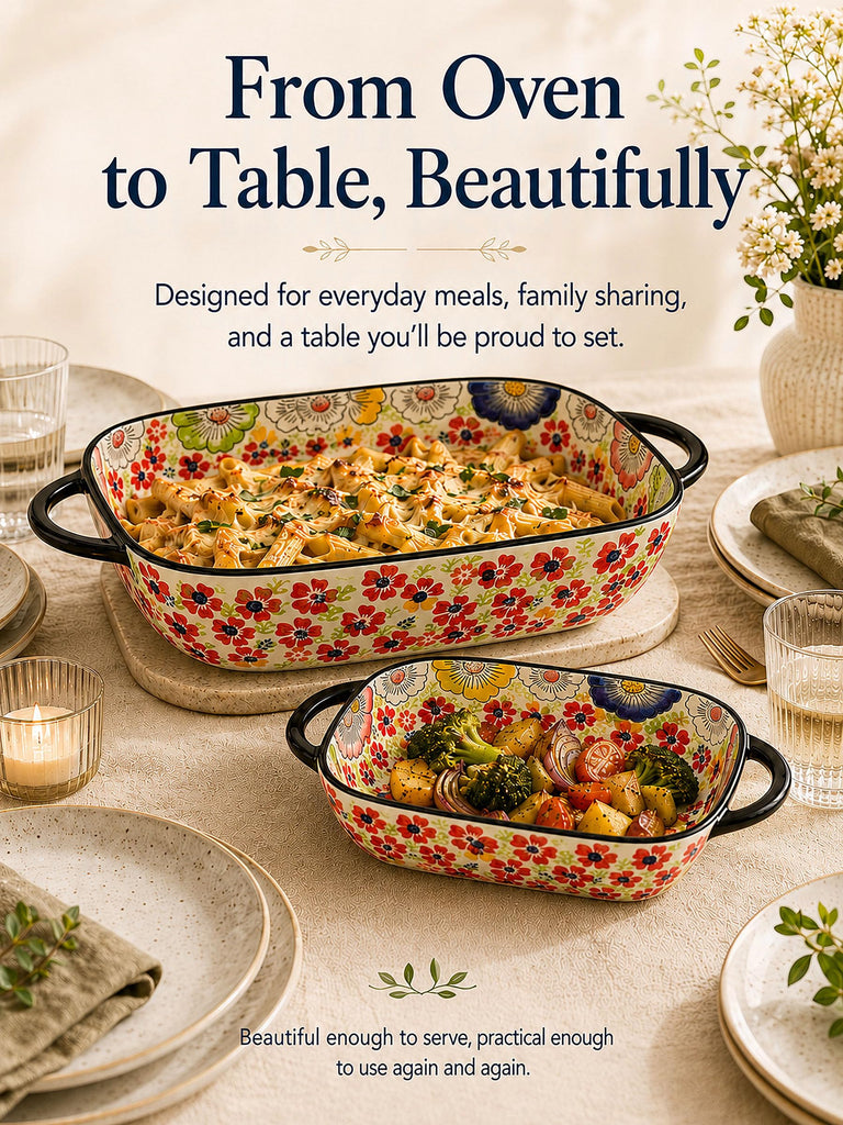 2-Piece Hand-Painted Polish Pottery Style Ceramic Baking Dish Set