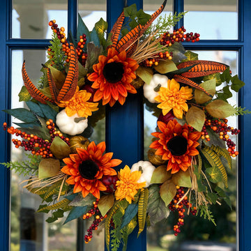 24 Inch Fall Front Door Wreath, Sunflowers, Pumpkins & Orange Berries