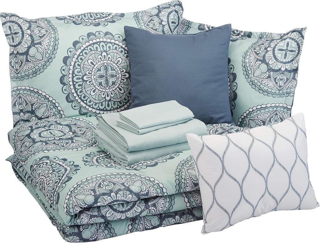10-Piece Bed-in-a-Bag Comforter Set, Soft, Lightweight Microfiber, Full/Queen, Sea Foam Medallion