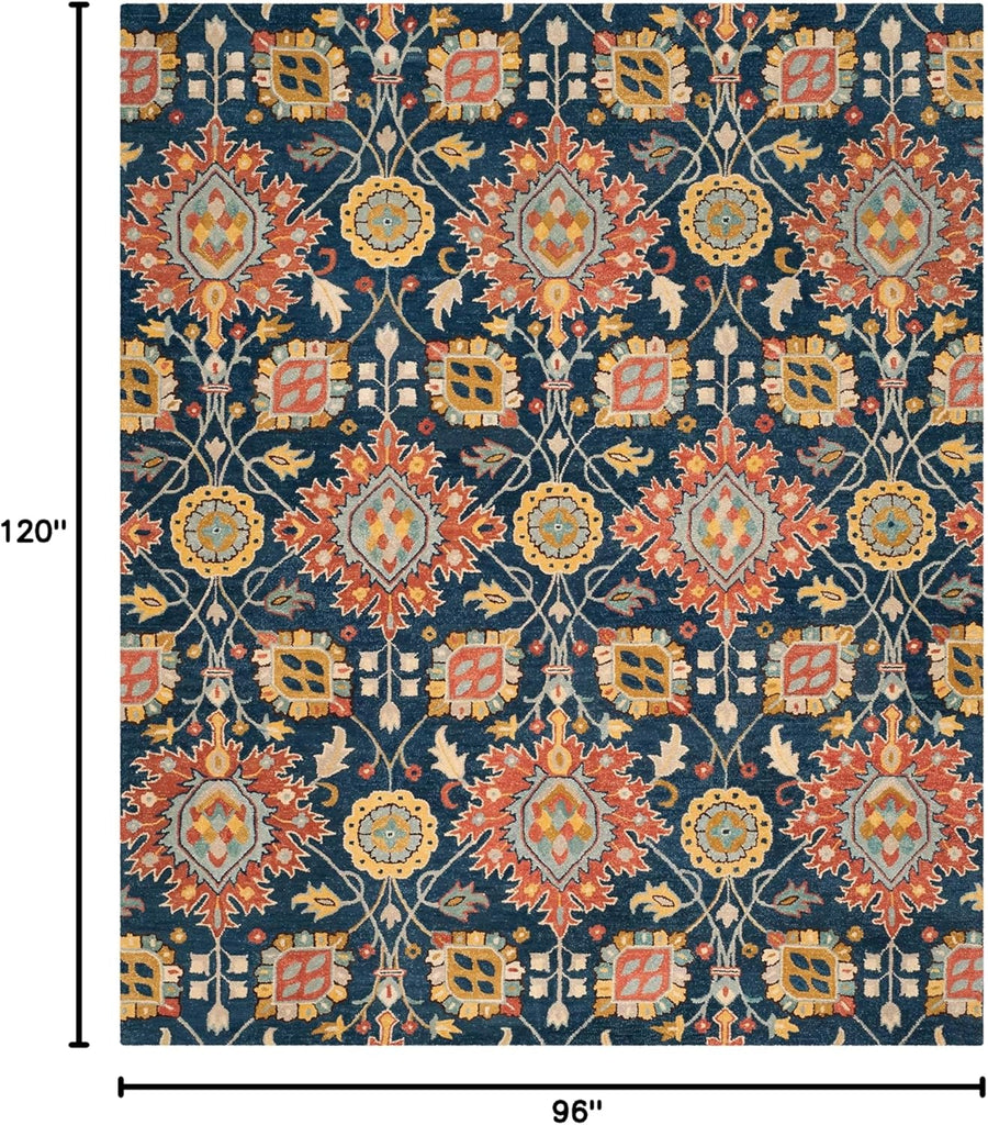Area Rug 8x10 - Roslyn - Large - Navy & Multi, Handmade Wool, Floral Design