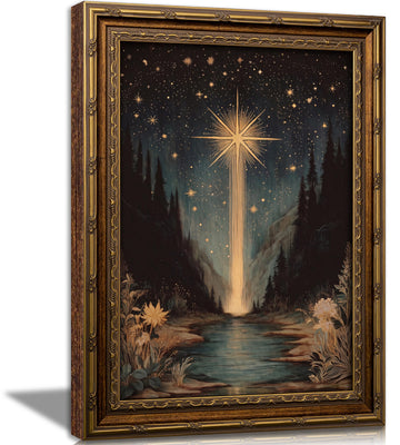 Vintage Gold Framed Celestial bodies Starlight Landscape Wall Art, Celestial Night Sky Canvas Print Poster, Magical