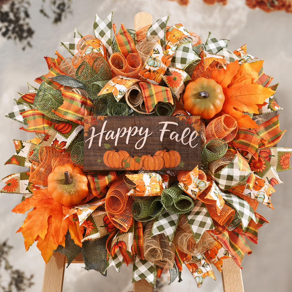 Fall Decor, Fall Wreaths for Front Door, 20" Wreath Mesh Bow with Wood Sign