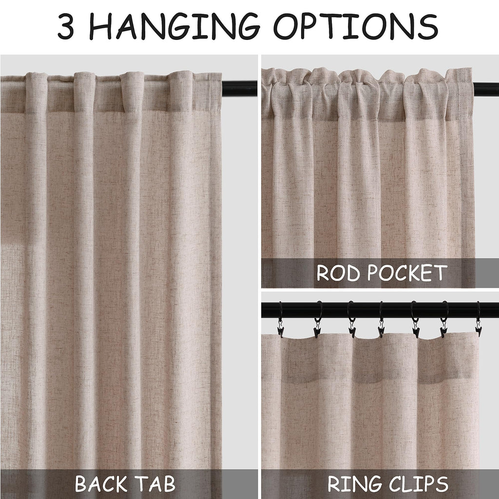 Oatmeal Curtains 80 Inches Length Back Tab Rod Pocket Semi Sheer Linen Privacy Drapes Muted Neutral Boho Linen
