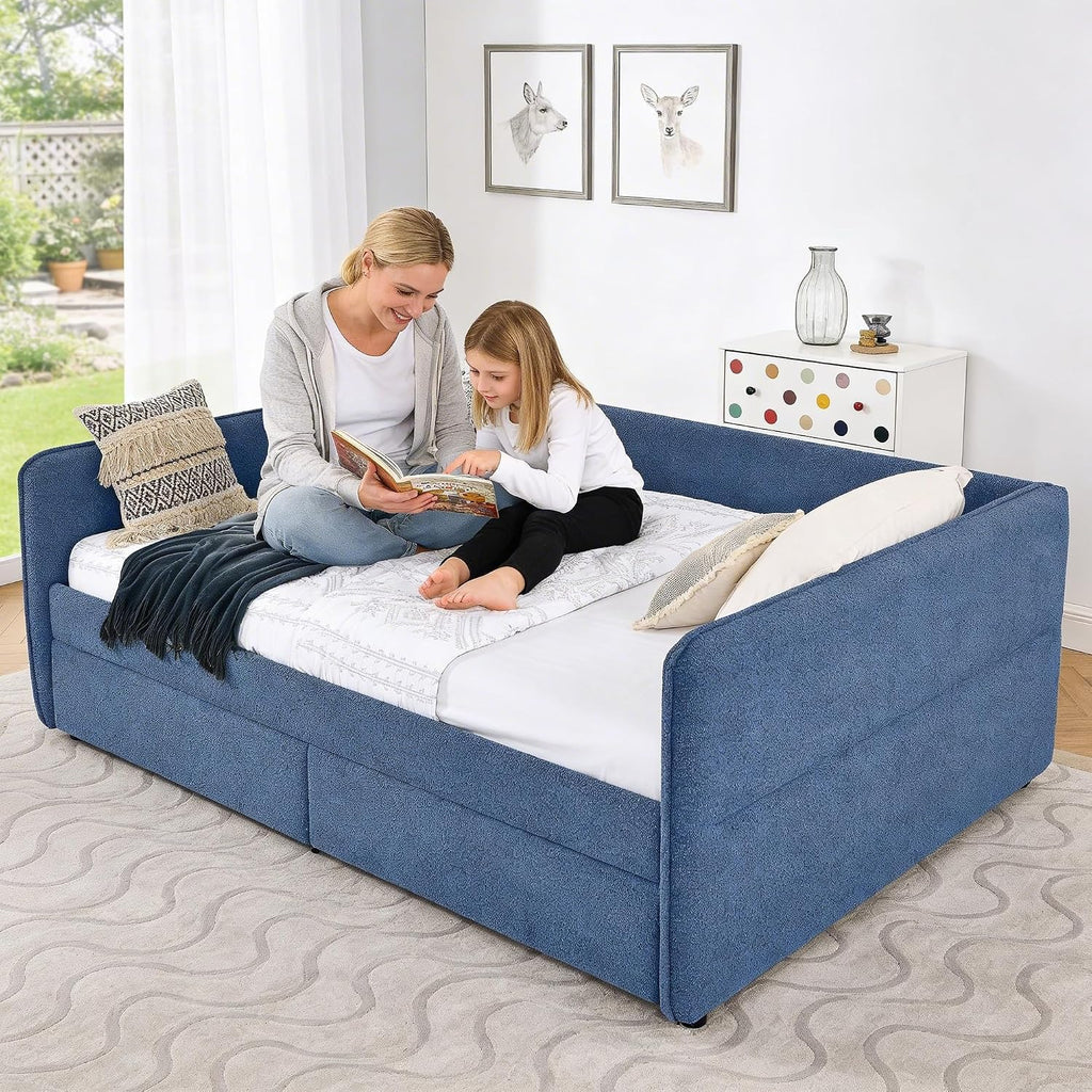 Queen Daybed with 2 Storage Drawers, Boucle Upholstered Daybed Frame with Tufted Design, Queen Size Storage Daybeds