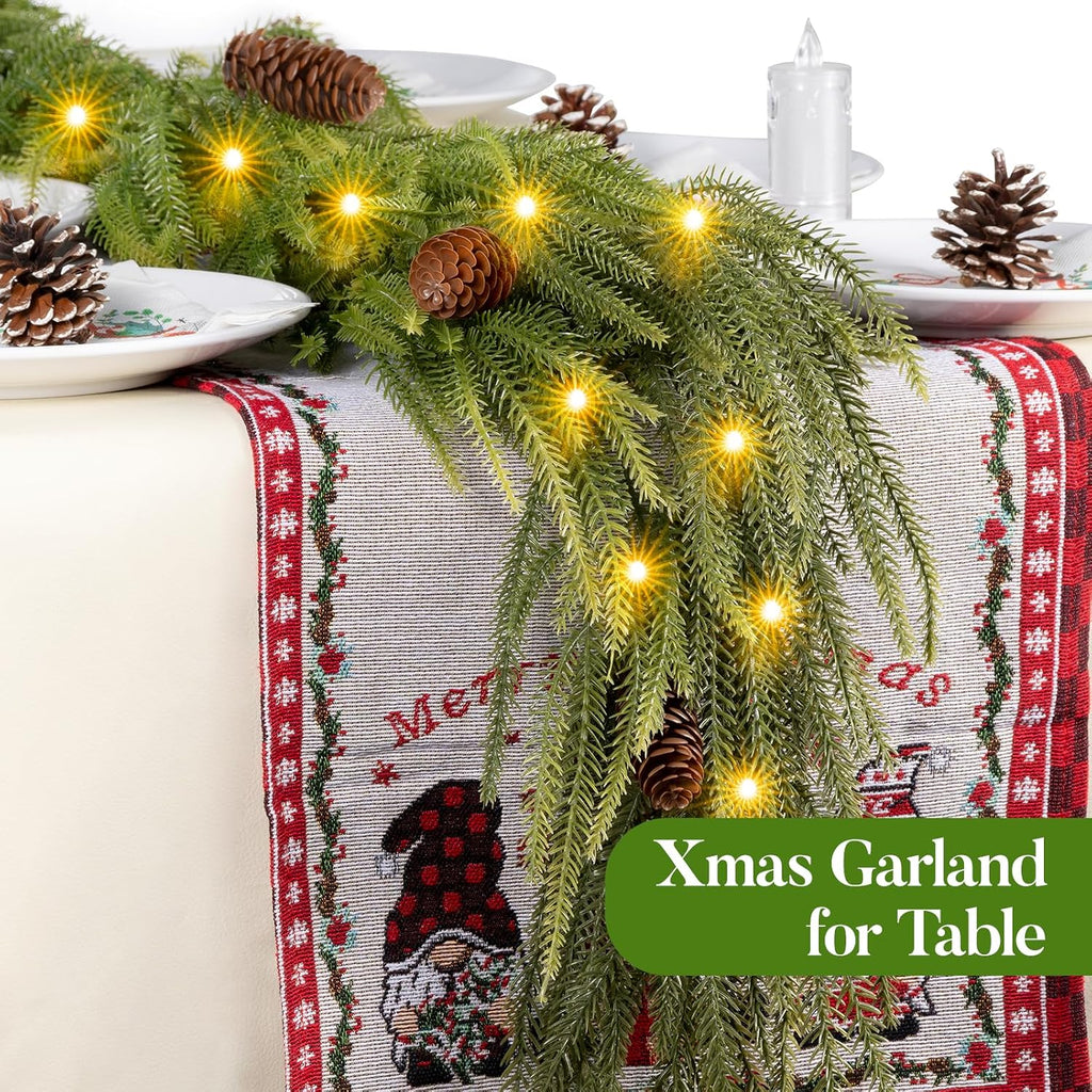 9FT Norfolk Pine Garland with Lights, Lighted Christmas Garland with Timer & 8 Lights Modes- Prelit Battery Operated