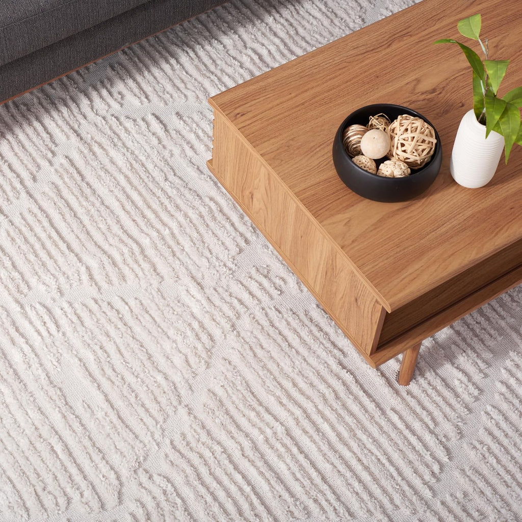 Marrakesh Collection Area Rug - 4' Square, Beige, Moroccan Trellis Design with Tassel Detail, Non-Shedding & Easy to
