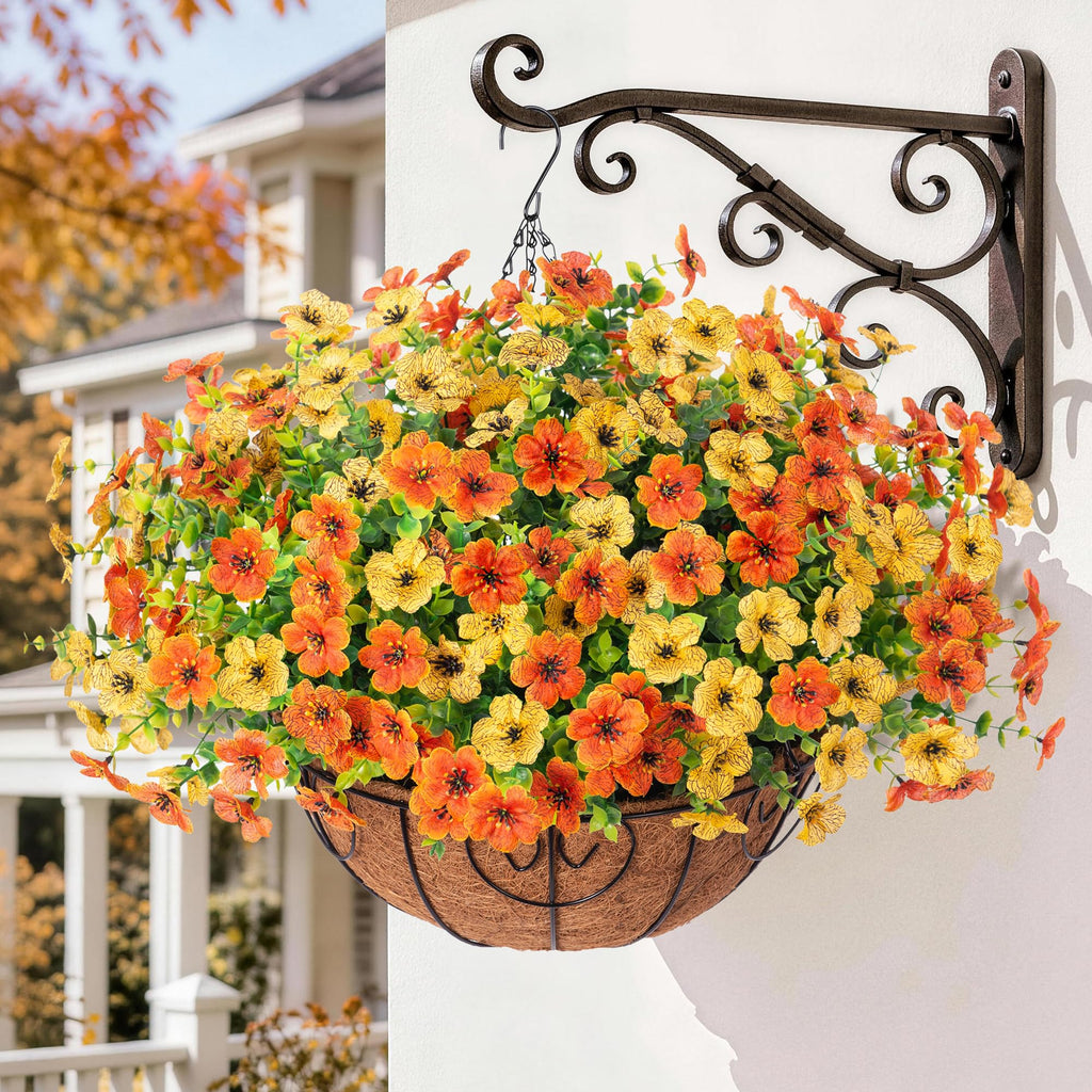Artificial Fake Hanging Mums Plants Flowers Basket for Fall Autumn Outdoor Decor, Faux Silk Orange Dasiy Flower Look