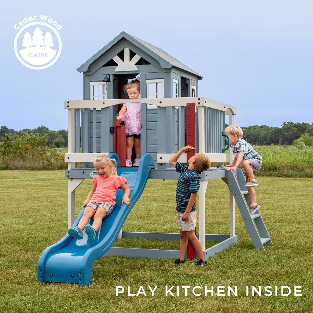 Beacon Heights Elevated Cedar Wooden Kids Playhouse with Wave Slide, Play Kitchen, Wrap-Around Deck, Flat-Step