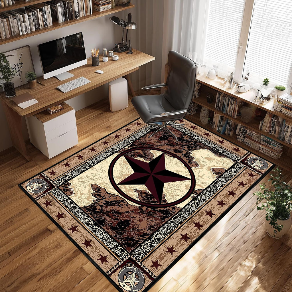 Western Rugs Area Rug,Washable Living Room Rug Vintage Rugs,Texas Star,Entryway Throw Mats Brown Non Slip Rustic