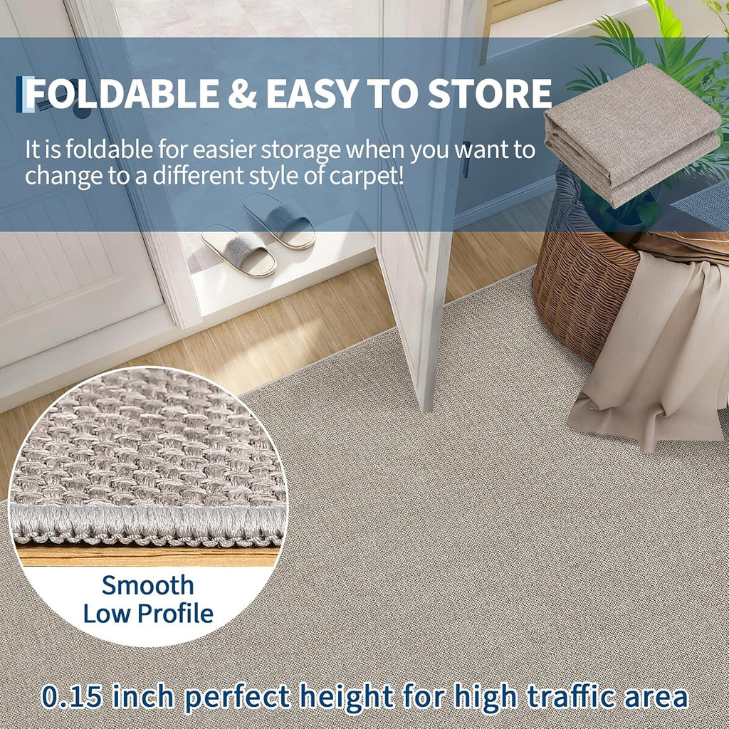 Solid Washable Rugs 8x10 Area Rug Solid Textured Rugs Bedroom, Non-Slip Low Pile Neutral Modern Woven Rug