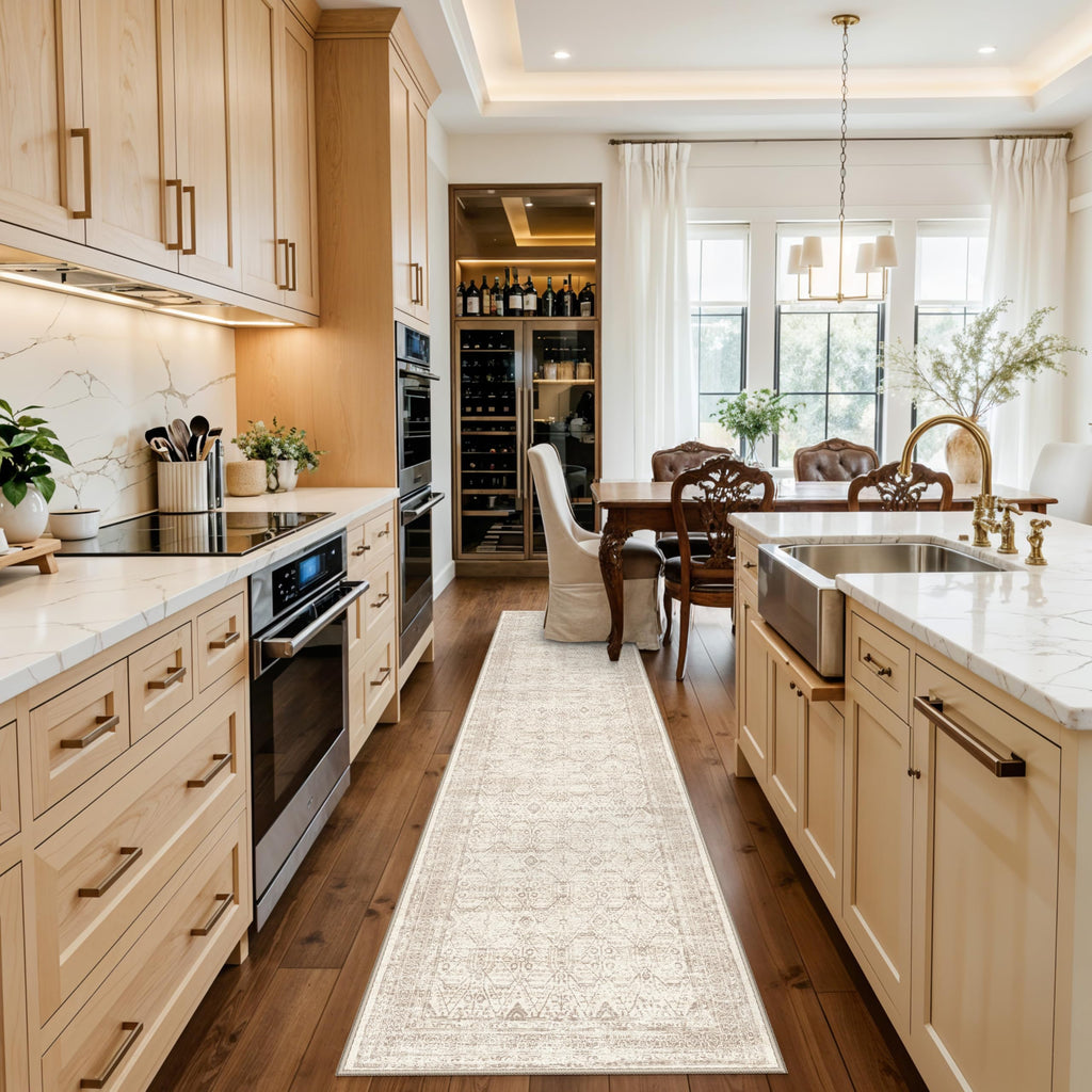 Washable Runner Rug Hallway, Ivory Taupe