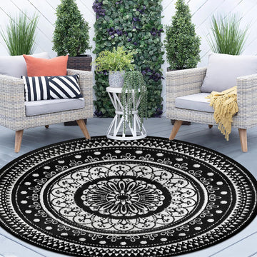 Reversible Outdoor Rugs 6Ft Round Patio Rugs Lightweight Plastic Straw Rug Waterproof RV Camping Mat Portable Area