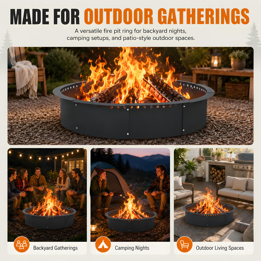 Smokeless Fire Pit Ring, 36 Inch Inner / 40 Inch Outer Steel Fire Ring Insert with Air Vent Design, 8-Piece DIY Round
