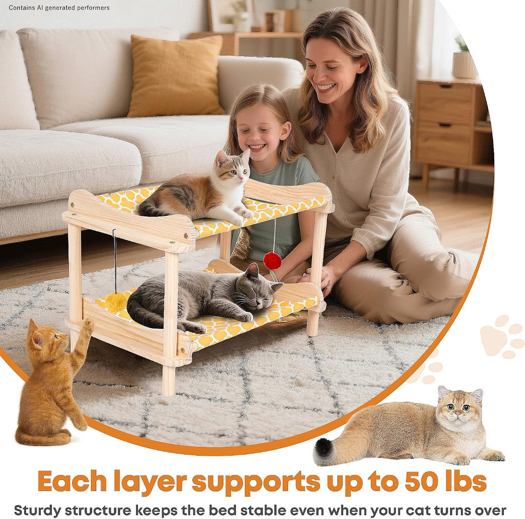2-Layer Cat Hammock Bed, 24"x15.7"x16.3" Elevated Cat Bed with Pine Wood Frame, Breathable Washable Covers, Wooden