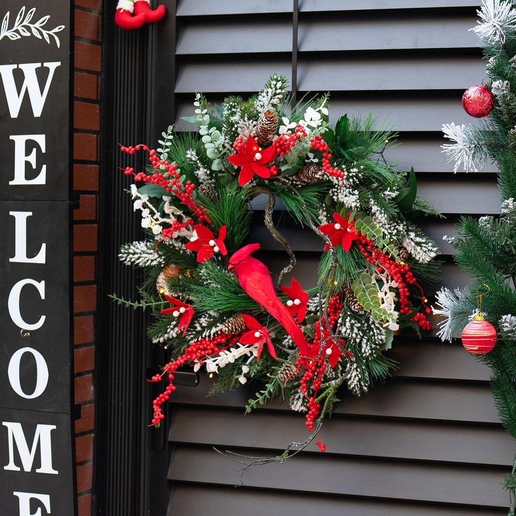 Christmas Wreath with Lights, 24 Inch Lighted Christmas Wreaths for Front Door with Pine Needles and Berries, Large