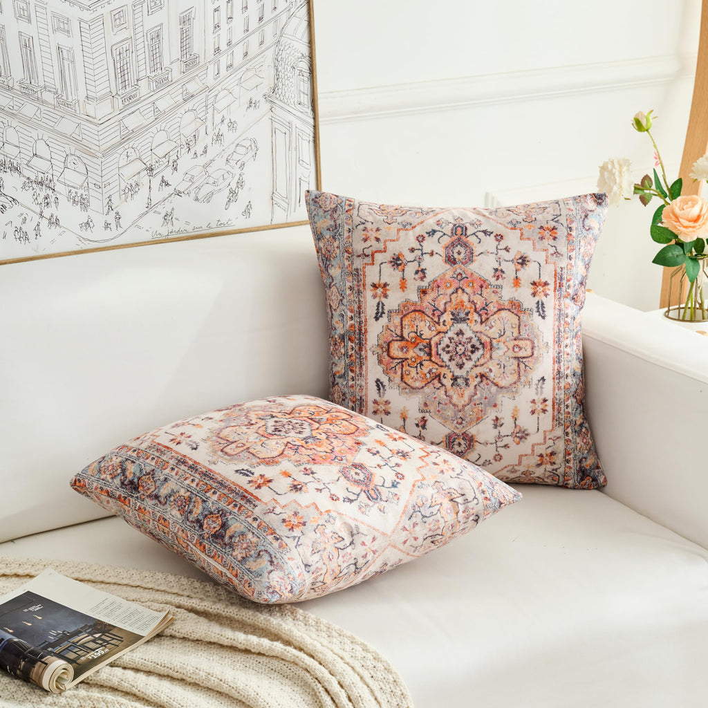Boho Throw Pillow Covers 26x26 inch Set of 2, Boho Vintage Carpet Pattern Antique Ethnic Decor Double Sided Pattern