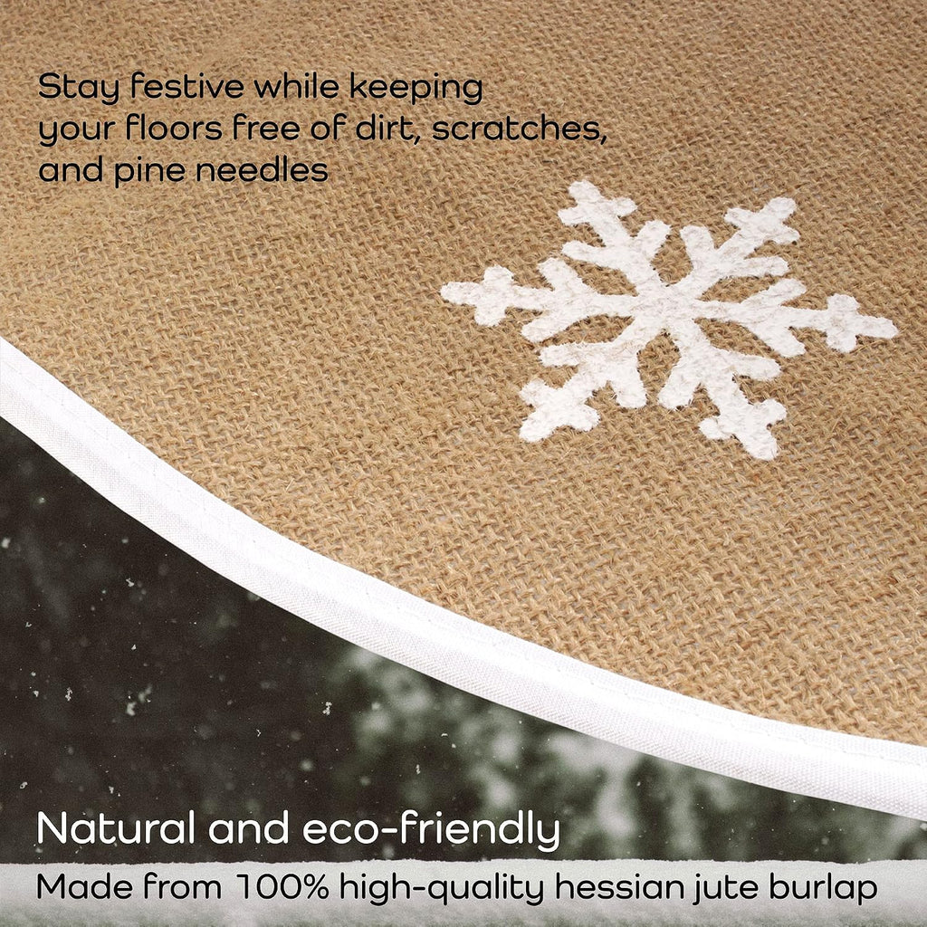47" Round Christmas Tree Skirt, Jute Burlap, Snowflake
