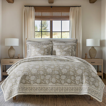 Adare Taupe Reversible Quilt Set (106x92in) and 2 Pillow Shams (36x20in) - Floral Bedding - Taupe White