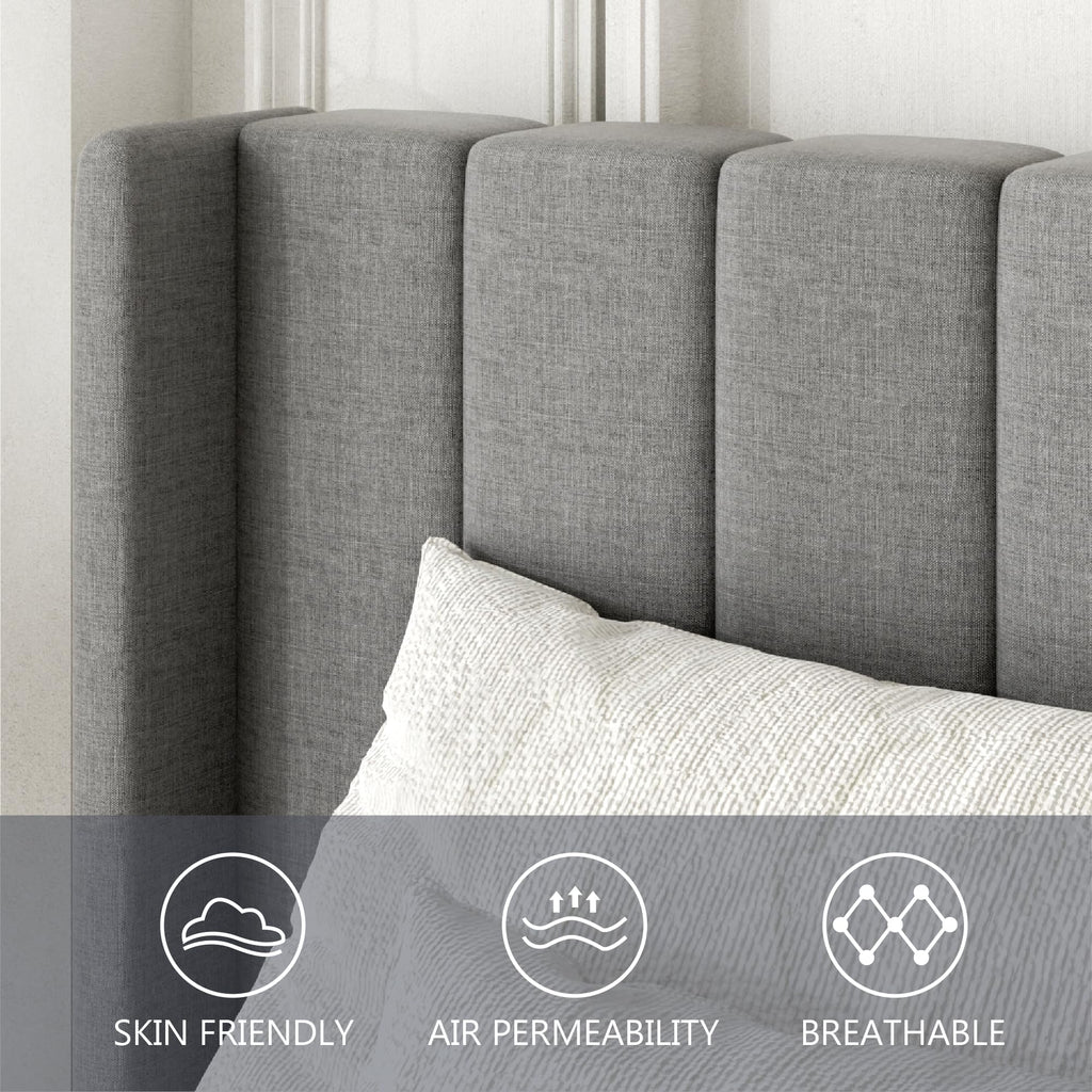 Twin Bed Frames with Wingback Headboard, Upholstered Platform Beds, No Box Spring Needed Sturdy Wooden Slat Support