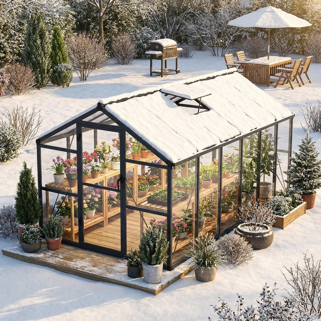 8x12ft Walk-in Greenhouse, Heavy Duty Large Outdoor Green House | Polycarbonate Garden Greenhouse with Roof Vent