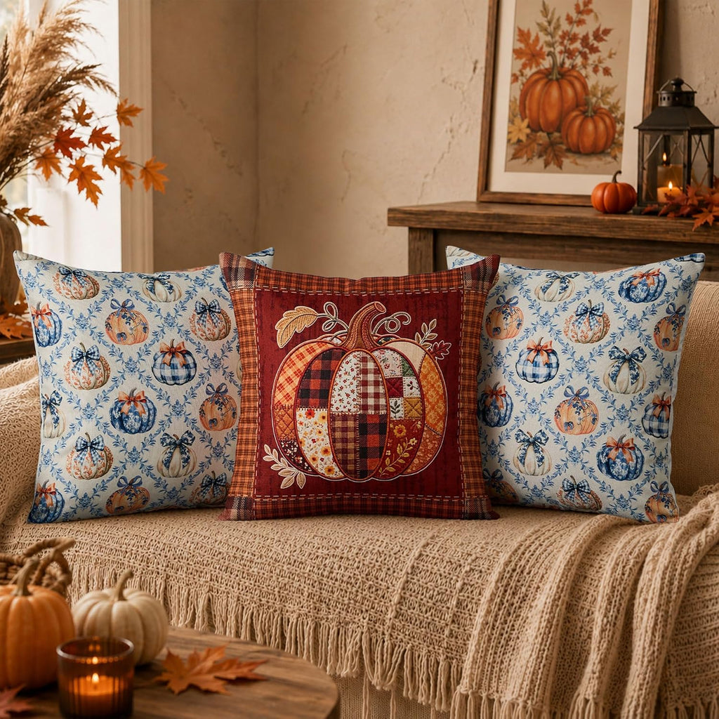 Fall Pillow Covers 18x18 Patchwork Pumpkin Rustic Decor - Set of 2