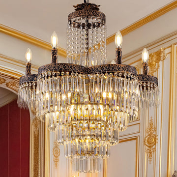 13 Lights Chandelier French Empire Crystal Chandeliers for Dining Living Room, 25" D Vintage Rustic K9 Crystal Light Fixture for Bedroom, Antique Bronze Chandelier Light for Kitchen Foyer