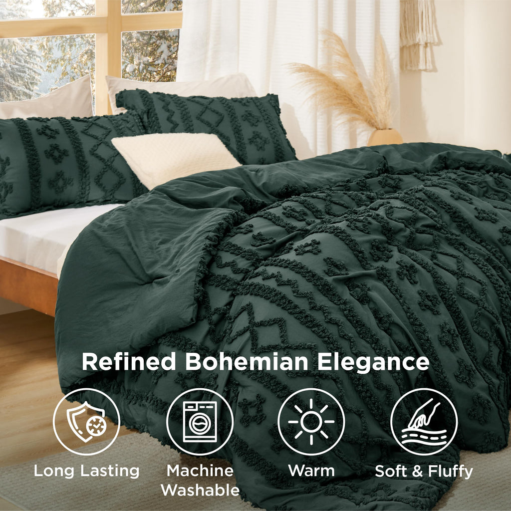 Tufted Boho Comforter Set Twin, Bedroom Decor Bedding Set Dark Green