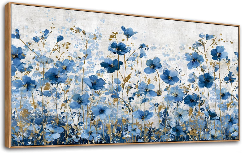 Floral Canvas Wall Art Blue & Gold Framed Flower Print Ready to Hang Modern Boho Decor Bedroom Dining Room
