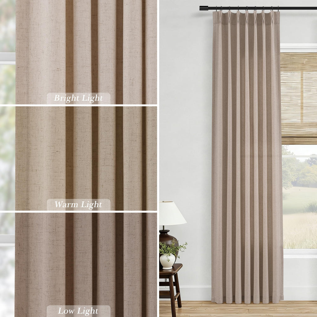 Sand Beige Pleat Linen Curtains 112 Inches Long Pinch Pleated Drape Hooks Rings Back Tab Semi Sheer Light Filtering