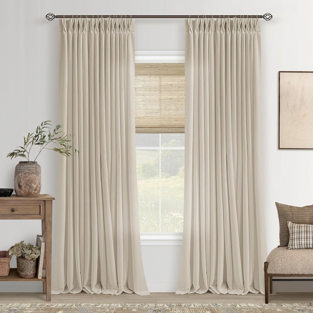 Neutral Linen Curtains 102 Inch Long Pinch Pleated 2 Panels for Living Room Light Filtering Semi Sheer Pinch Pleat