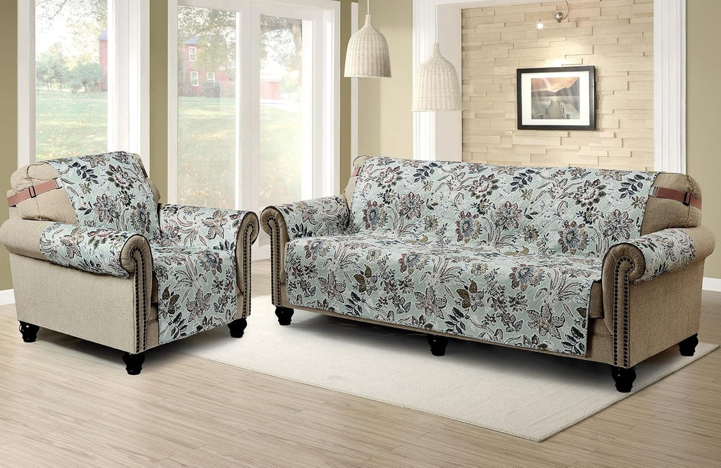 Green Vintage Flowers Couch Loveseat Slip Cover for Dogs