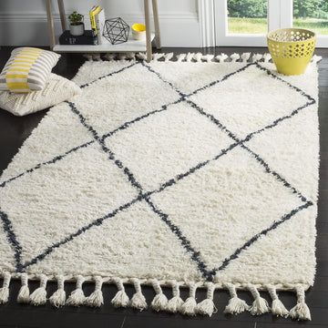 Casablanca Shag Collection Ivory/Grey CSB726A Handmade Moroccan Trellis Tassel Premium New Zealand Wool