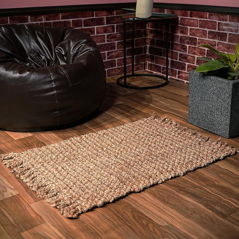 Hand Woven Chunky Jute Rug 2x3 Feet Natural, Farmhouse Accent Boho Accent Floor Throw Carpet Ideal