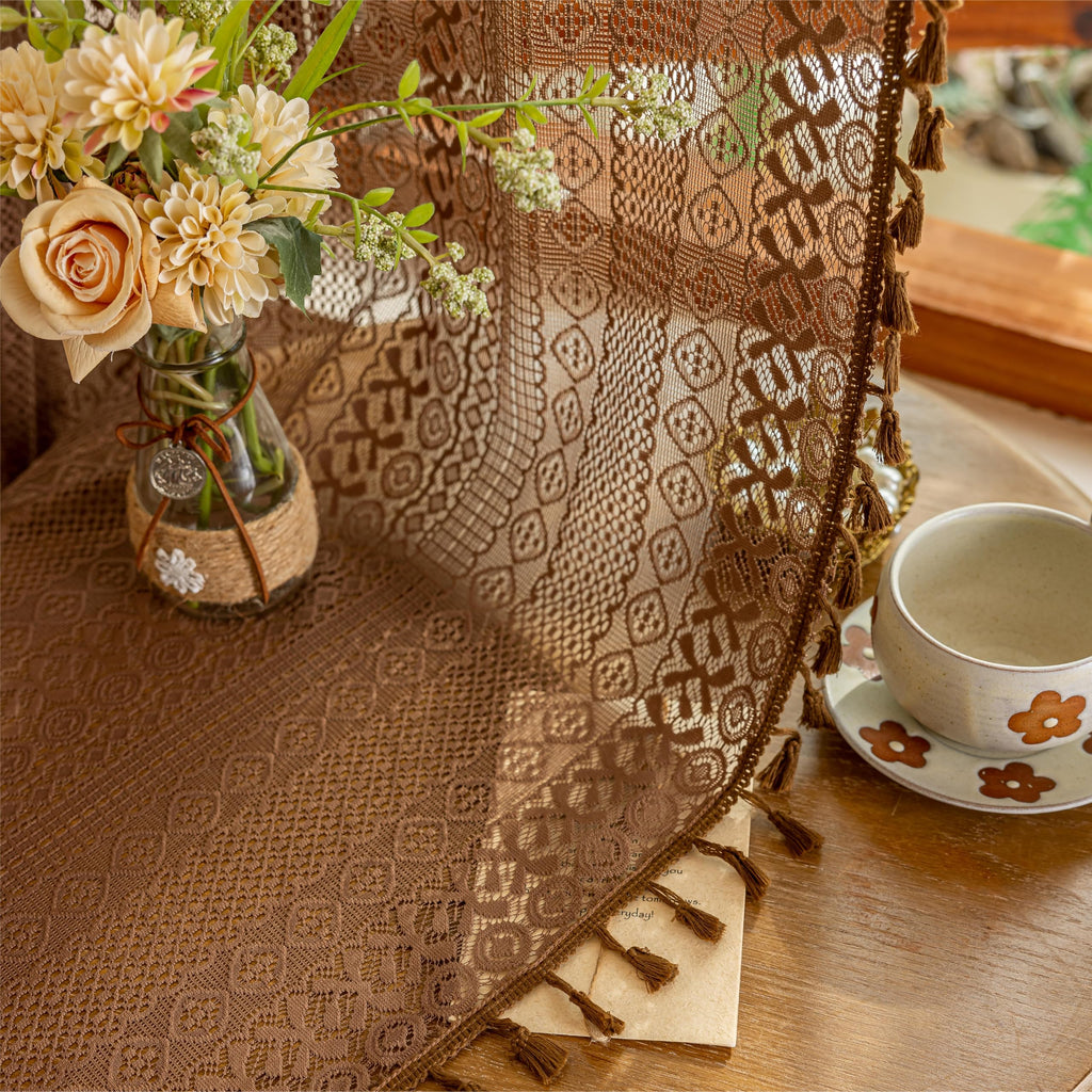 Dark Coffee Lace Boho Curtains Nursery, Crochet Semi Sheer Macrame Bohemian Cottage Farmhouse Fringes Vintage Chic