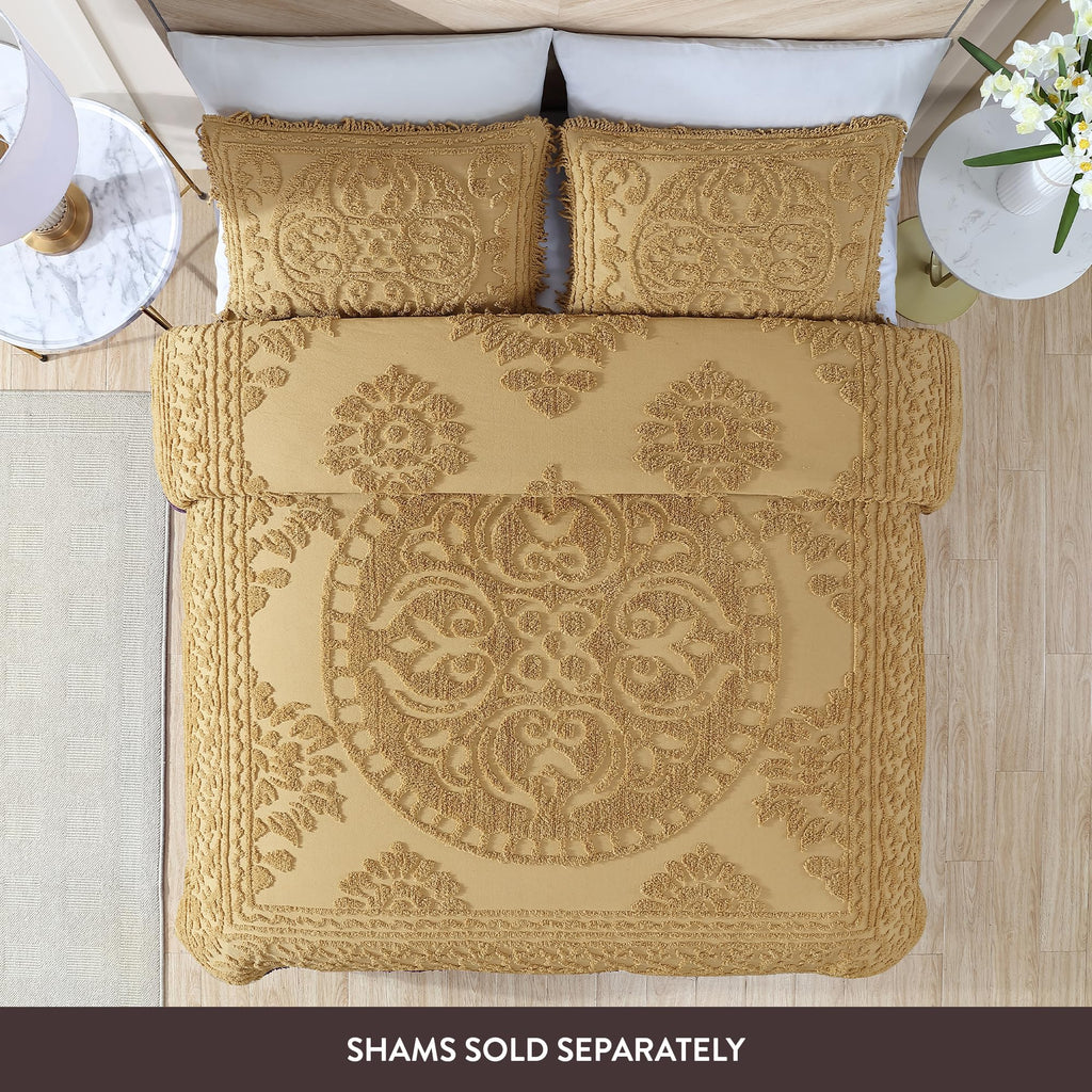 Medallion Queen Cotton Chenille Bedspread, Gold