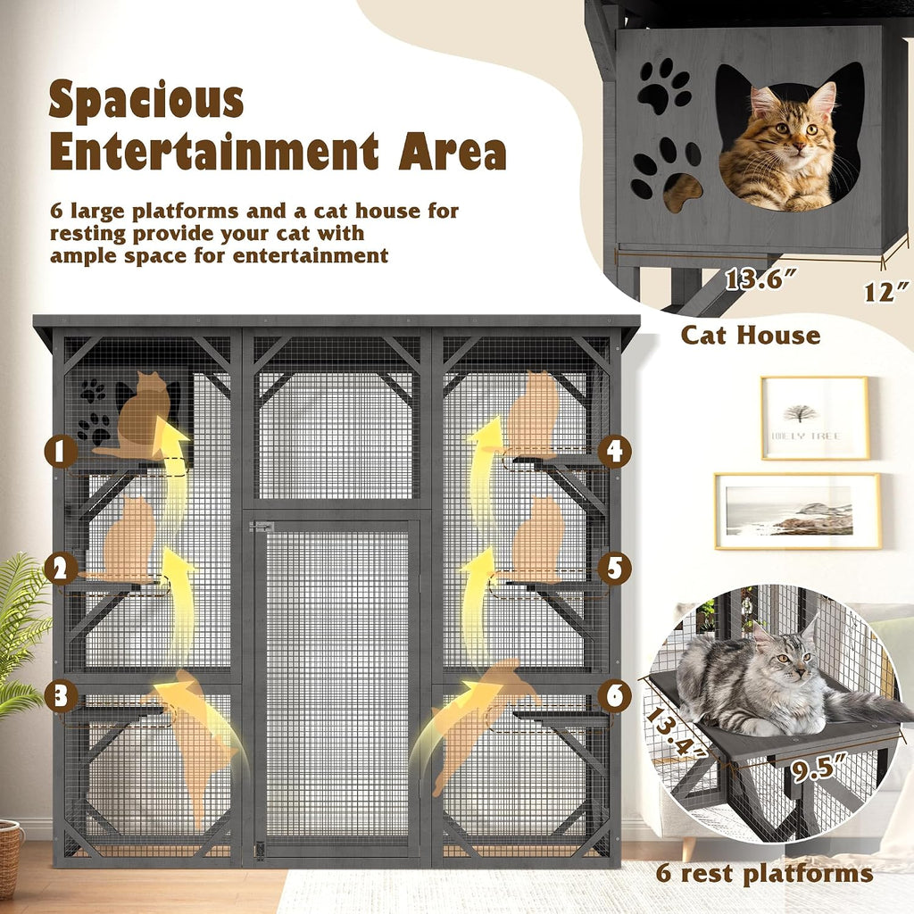 Catio Outdoor Cat Enclosure, Wooden Cat House with Resting Box, Grey
