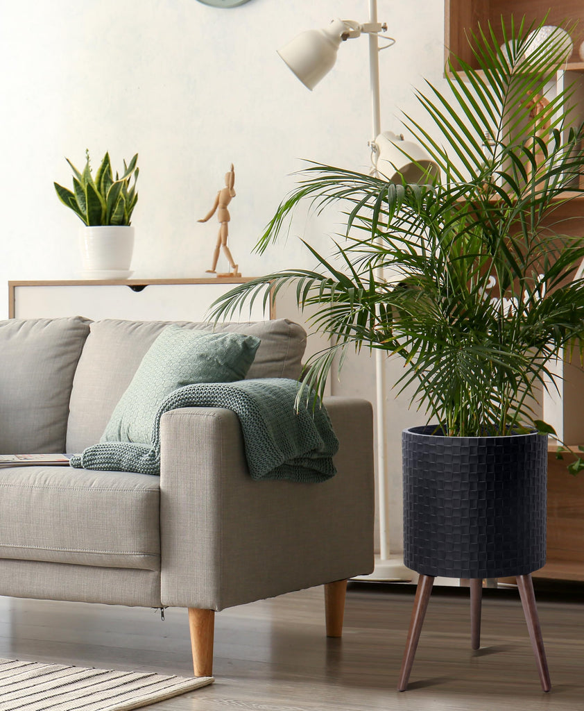 Planter Pot with Wood Stand, 14 in, Matte Black