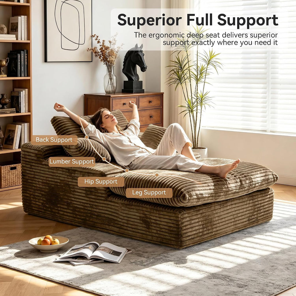 67" Oversized Boneless Chaise Lounge Chair Indoor, Brown | Corduroy Upholstered Sleeper Sofa Bed Deep Seat Reading