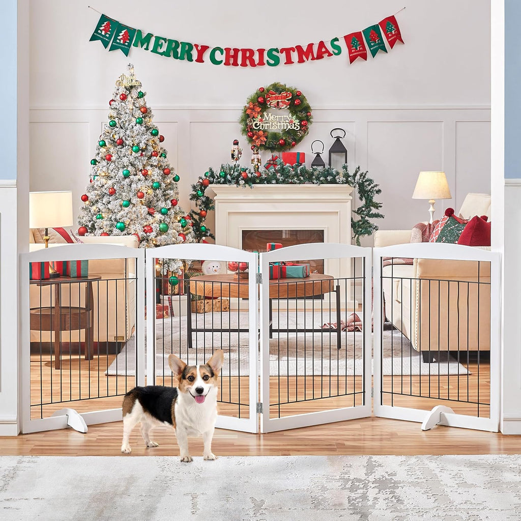 32"H 4-Panel Extra Wide Freestanding Dog Gate For Stairs Doorways